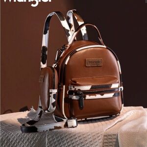Wrangler, cow print trimmed mini backpack with coin pouch Brown